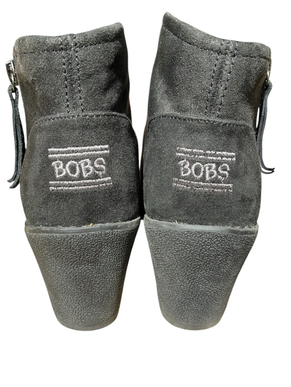 Bobs by Skechers, Tumble Weed, Black Suede Wedge Booties, Zip Up, Size 8
